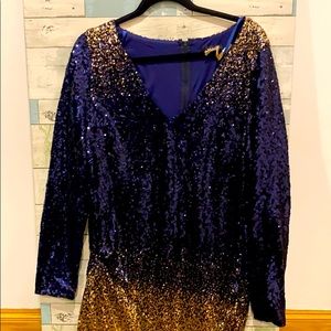 Sequenned cocktail dress in blue and gold